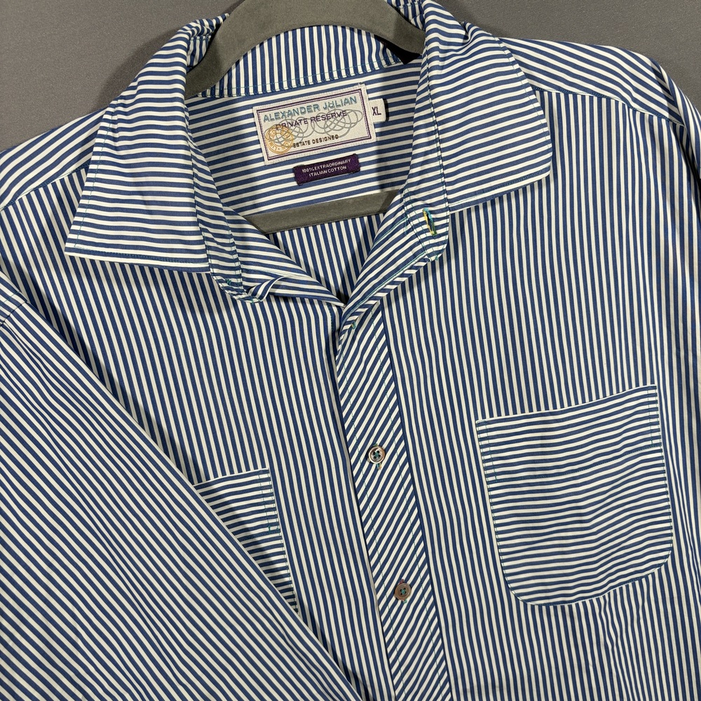 Alexander Julian Private Reserve Shirt XL Blue Stripe Estate Italian Cotton Prep